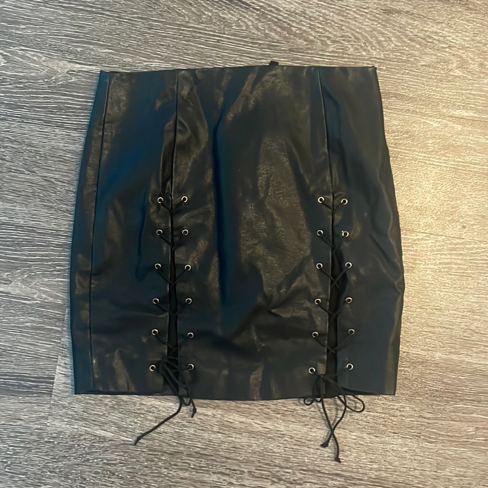 Olivaceous Lace Up Faux Leather Mini Skirt